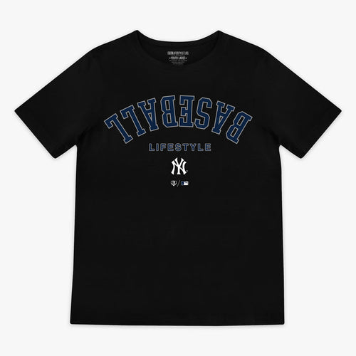 Black youth graphic tee with "New York Yankees Upside Down" design — front view