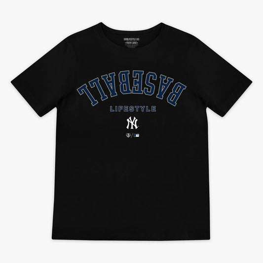 Black youth graphic tee with "New York Yankees Upside Down" design — front view