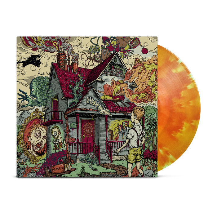 An orange cloud vinyl peeks out of a vinyl jacket with an illustration of a blue and red house with creepy figures and body parts coming out of it. A young boy with red suspenders stares at the house.