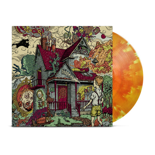 An orange cloud vinyl peeks out of a vinyl jacket with an illustration of a blue and red house with creepy figures and body parts coming out of it. A young boy with red suspenders stares at the house.