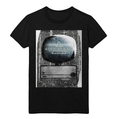 Black short sleeve shirt with an image with an old TV in the center. There is static on the TV and text in it that says A LOT LIKE BIRDS. Below the TV there is text that says NO PLACE.