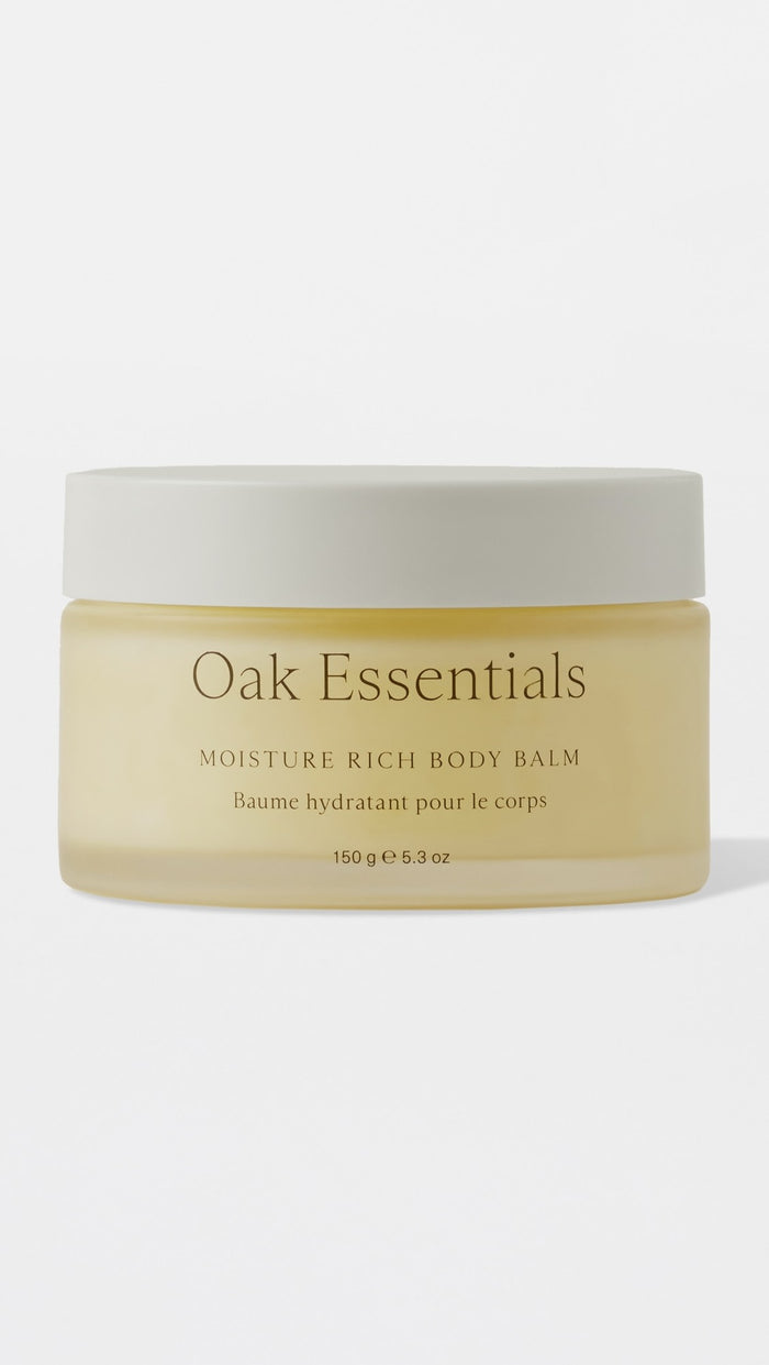Oak Essentials Moisture Rich Body Balm in 150g jar, creamy skincare product with nourishing ingredients for soft, hydrated skin.