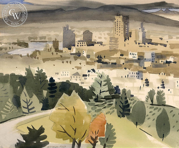 Oakland, watercolor painting by George Post (American art). Fine art giclée print reproduction by California Watercolor for wall decor.