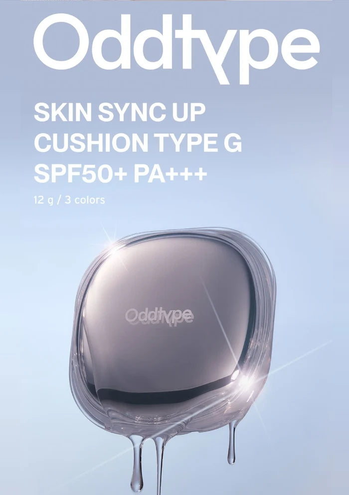 Cushion compact with 'Oddtype' branding on a light blue background