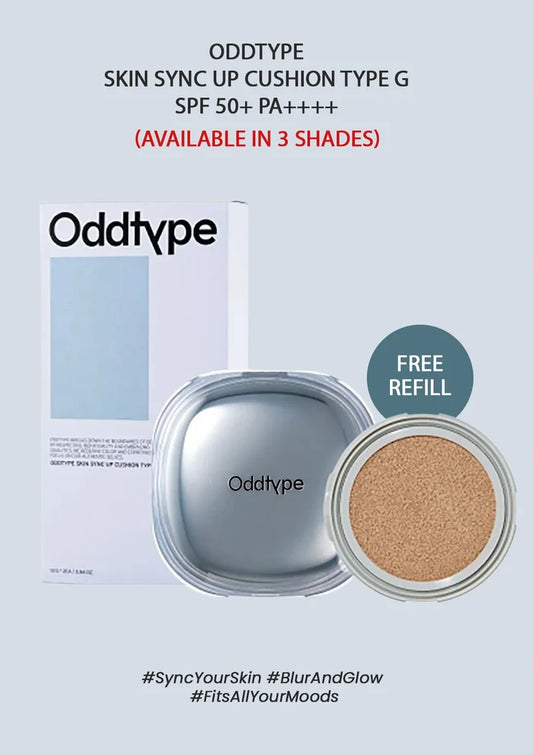 Oddtype skin sync up cushion with packaging and refill on a light gray background