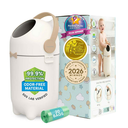 iTouchless odor-free diaper pail in beige featuring Ag+ Silver Ion Odor-Shield Technology and an odor-locking ball to seal in diaper smells. Award-winning nursery diaper disposal system uses standard trash bags with no special refills required.