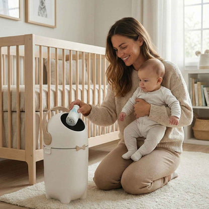 iTouchless Boho Ivory Diaper Pail in a nursery with a mother throwing away a diaper while holding a baby.