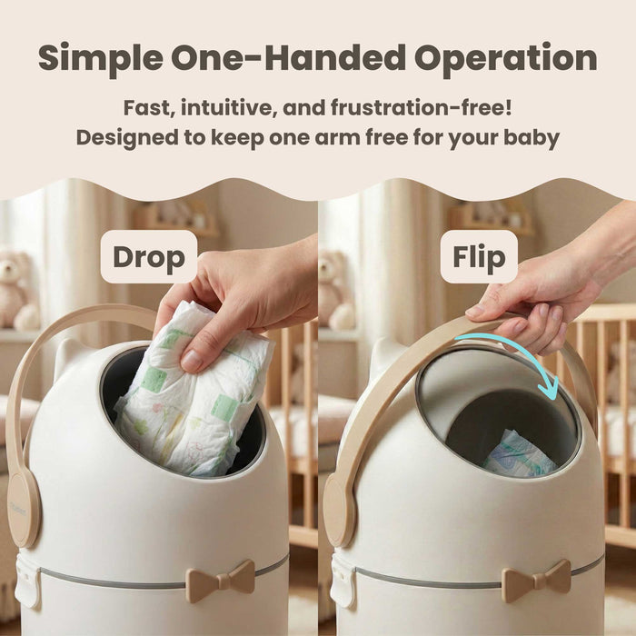 A two-part demonstration of the iTouchless Odorless Diaper Pail in Boho Ivory showing simple one-handed operation. The 'Drop' step shows a hand placing a diaper in the top, and the 'Flip' step shows the handle rotating to seal the diaper away, designed to keep one arm free for the baby.