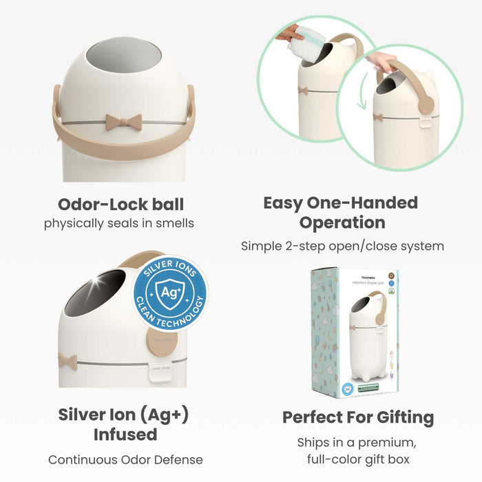 Infographic of the iTouchless Odorless Diaper Pail in Boho Ivory highlighting four key features: the Odor-Lock ball that physically seals smells, the simple 2-step one-handed operation, Silver Ion (Ag+) infused technology for continuous odor defense, and the premium full-color gift box packaging.
