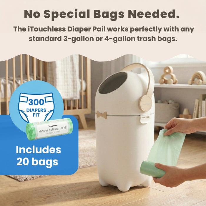 The iTouchless Odorless Diaper Pail in Boho Ivory shown in a nursery, demonstrating that no special refill bags are needed. A person holds a standard roll of bags, highlighting compatibility with any standard 3-gallon or 4-gallon trash bags for cost-effective and easy use.