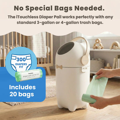 The iTouchless Odorless Diaper Pail in Boho Ivory shown in a nursery, demonstrating that no special refill bags are needed. A person holds a standard roll of bags, highlighting compatibility with any standard 3-gallon or 4-gallon trash bags for cost-effective and easy use.