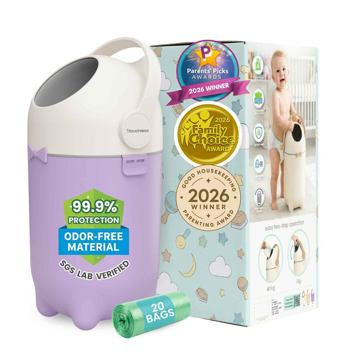 iTouchless odor-free diaper pail in Pastel Orchid featuring Ag+ Silver Ion Odor-Shield Technology and an odor-locking ball to seal in diaper smells. Award-winning nursery diaper disposal system uses standard trash bags with no special refills required.