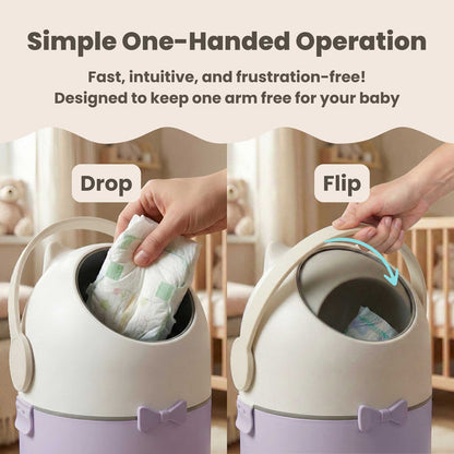 A two-part demonstration of the iTouchless Odorless Diaper Pail in Pastel Orchid showing simple one-handed operation. The 'Drop' step shows a hand placing a diaper in the top, and the 'Flip' step shows the handle rotating to seal the diaper away, designed to keep one arm free for the baby.