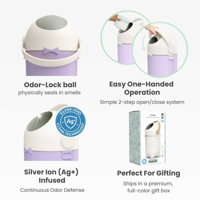 Infographic of the iTouchless Odorless Diaper Pail in Pastel Orchid highlighting four key features: the Odor-Lock ball that physically seals smells, the simple 2-step one-handed operation, Silver Ion (Ag+) infused technology for continuous odor defense, and the premium full-color gift box packaging.