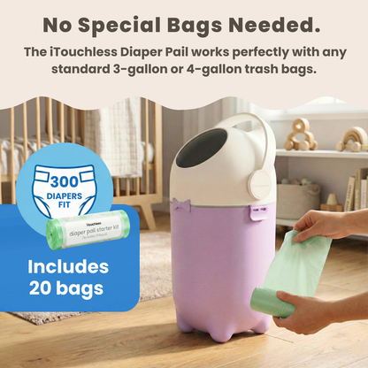 The iTouchless Odorless Diaper Pail in Pastel Orchid shown in a nursery, demonstrating that no special refill bags are needed. A person holds a standard roll of bags, highlighting compatibility with any standard 3-gallon or 4-gallon trash bags for cost-effective and easy use.