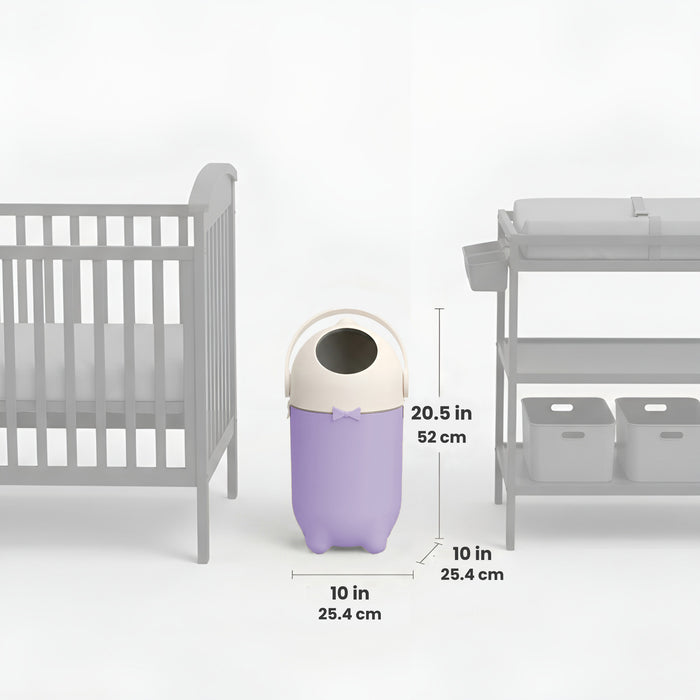 iTouchless Odor-Free Diaper Pail displayed between a crib and changing table with dimensions shown, measuring 20.5 inches tall and 10 inches wide and deep.
