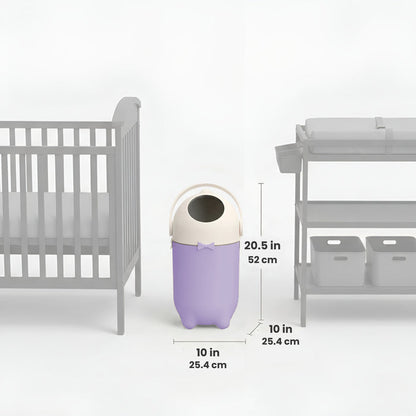 iTouchless Odor-Free Diaper Pail displayed between a crib and changing table with dimensions shown, measuring 20.5 inches tall and 10 inches wide and deep.