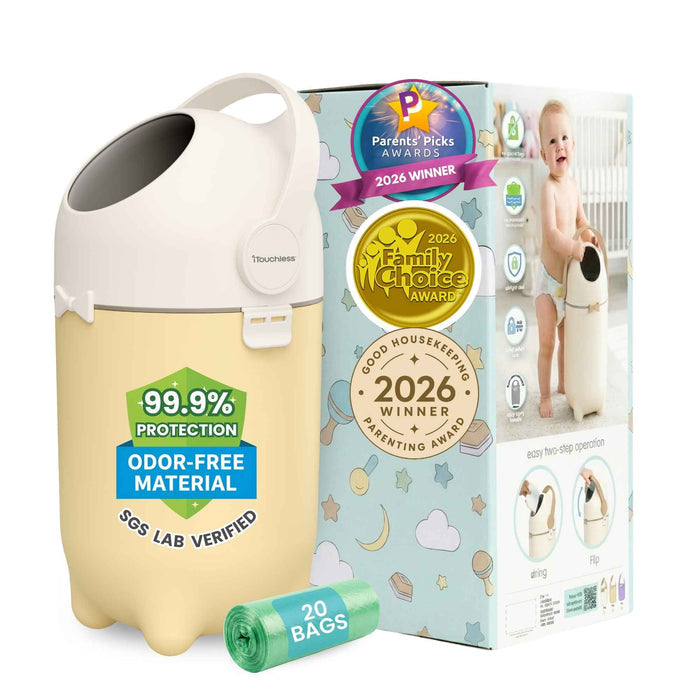 iTouchless odor-free diaper pail  featuring Ag+ Silver Ion Odor-Shield Technology and an odor-locking ball to seal in diaper smells. Award-winning nursery diaper disposal system uses standard trash bags with no special refills required.