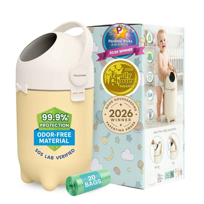 iTouchless odor-free diaper pail  featuring Ag+ Silver Ion Odor-Shield Technology and an odor-locking ball to seal in diaper smells. Award-winning nursery diaper disposal system uses standard trash bags with no special refills required.