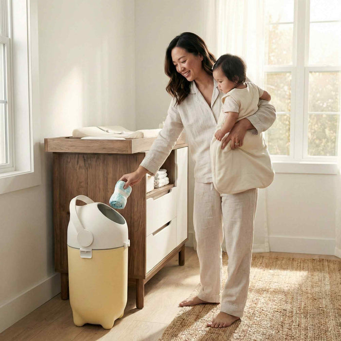Woman holding a baby and throwing away the diaper inside the yellow diaper pail in the nursery room.