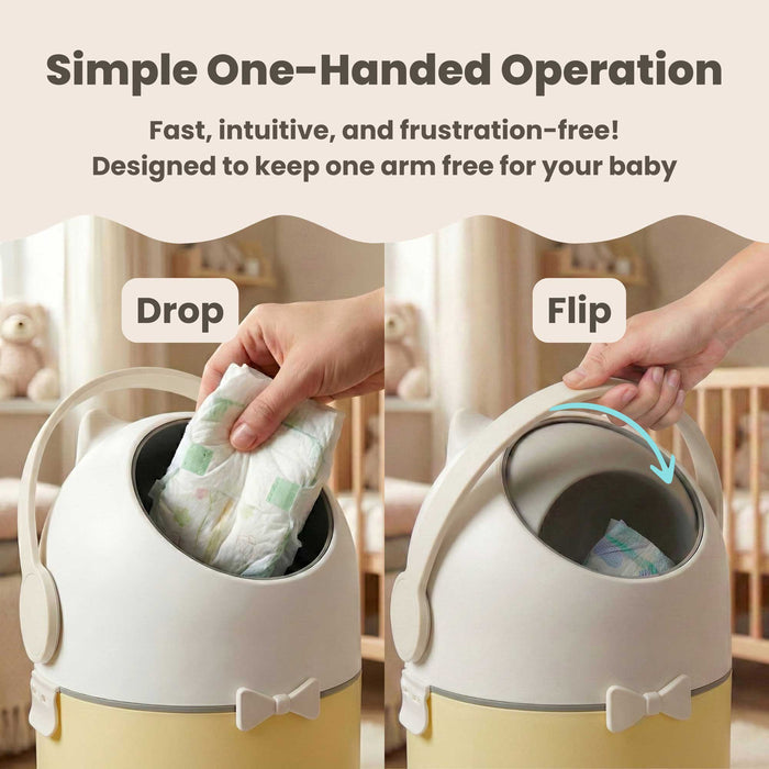A two-part demonstration of the iTouchless Odorless Diaper Pail in Sand Almond showing simple one-handed operation. The 'Drop' step shows a hand placing a diaper in the top, and the 'Flip' step shows the handle rotating to seal the diaper away, designed to keep one arm free for the baby.