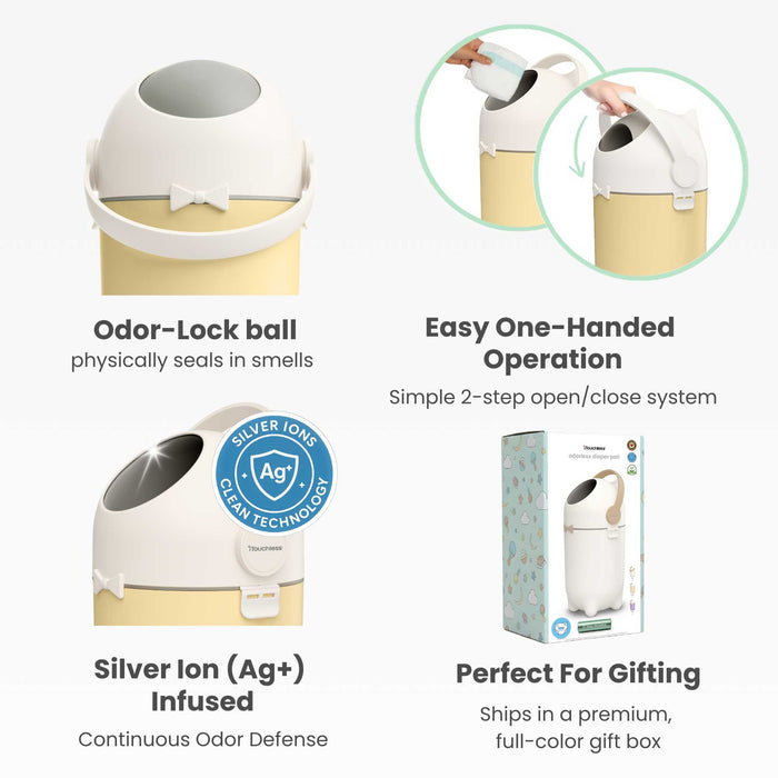 Infographic of the iTouchless Odorless Diaper Pail in Sand Almond highlighting four key features: the Odor-Lock ball that physically seals smells, the simple 2-step one-handed operation, Silver Ion (Ag+) infused technology for continuous odor defense, and the premium full-color gift box packaging.