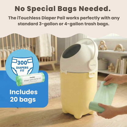 The iTouchless Odorless Diaper Pail in Sand Almond shown in a nursery, demonstrating that no special refill bags are needed. A person holds a standard roll of bags, highlighting compatibility with any standard 3-gallon or 4-gallon trash bags for cost-effective and easy use.
