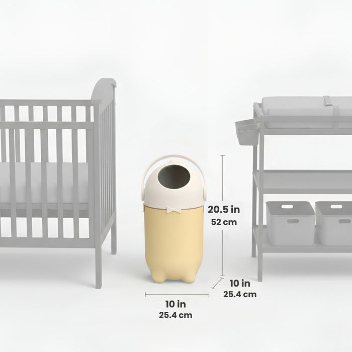 iTouchless Odor-Free Diaper Pail displayed between a crib and changing table with dimensions shown, measuring 20.5 inches tall and 10 inches wide and deep.