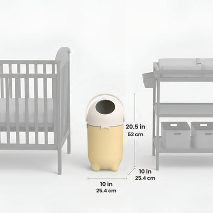 iTouchless Odor-Free Diaper Pail displayed between a crib and changing table with dimensions shown, measuring 20.5 inches tall and 10 inches wide and deep.