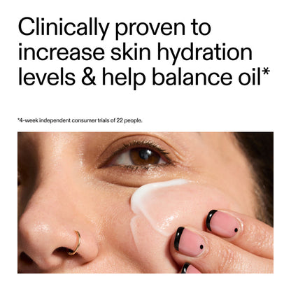 Close-up of a person applying Omega water cream to their face with text about skin hydration and oil balance.