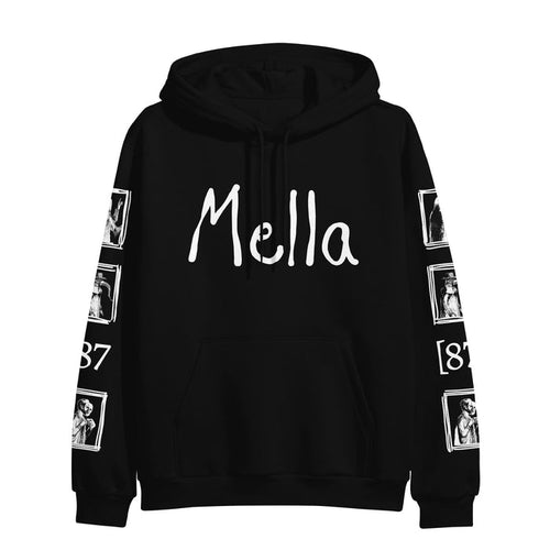 A black Mella hoodie featuring large white handwritten Mella text on the front, black-and-white photo prints, and the number 87 on each sleeve—perfect for layering over your favorite graphic or black t-shirt.