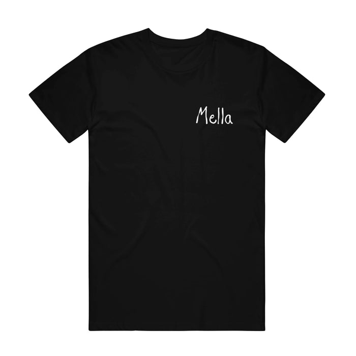 A classic black Mella tee with the brand name in white script on the upper left chest—a versatile and stylish addition to any wardrobe.