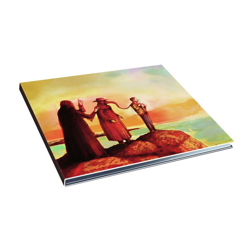 A vibrant Mella illustration on a flat square shows three figures in coats and hats standing on rocks, gesturing dramatically against an abstract sky—perfectly capturing the spirit of Proactively Disappointing a Parent.