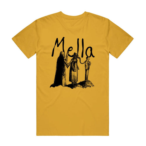 The Mella mustard yellow T-shirt displays Mella above a black sketch of three robed figures in a semi-circle, the central one holding hands with the others, and features subtle gold jewelry details for a unique accent.