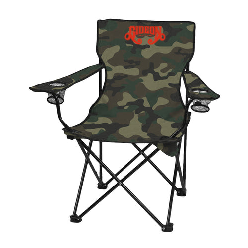 The Gideon foldable camping chair features a camo pattern, black metal frame, two armrests with cup holders, and a bold GideonOrange “GIDEON” logo on the backrest. Ideal as a sturdy outdoor folding chair for any adventure.