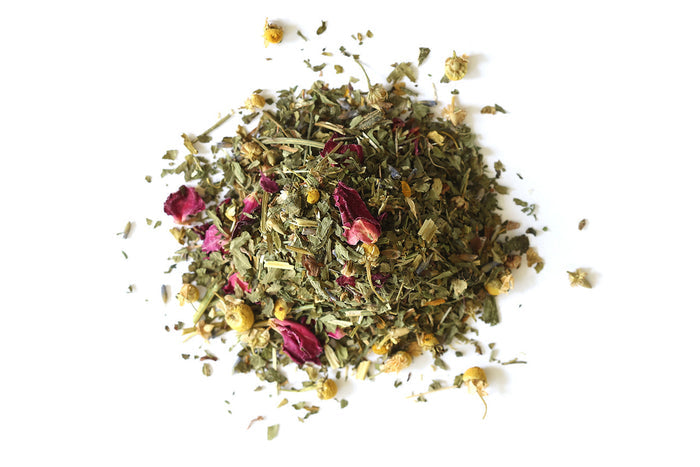 Mountain Rose Herbs Organic Blossoms of Health Tea with tea leaves and flowers on a white background, Raven's Cauldron, 6 N. Sandusky St, Delaware, OH 43015