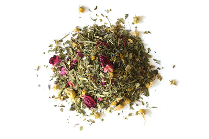 Mountain Rose Herbs Organic Blossoms of Health Tea with tea leaves and flowers on a white background, Raven's Cauldron, 6 N. Sandusky St, Delaware, OH 43015