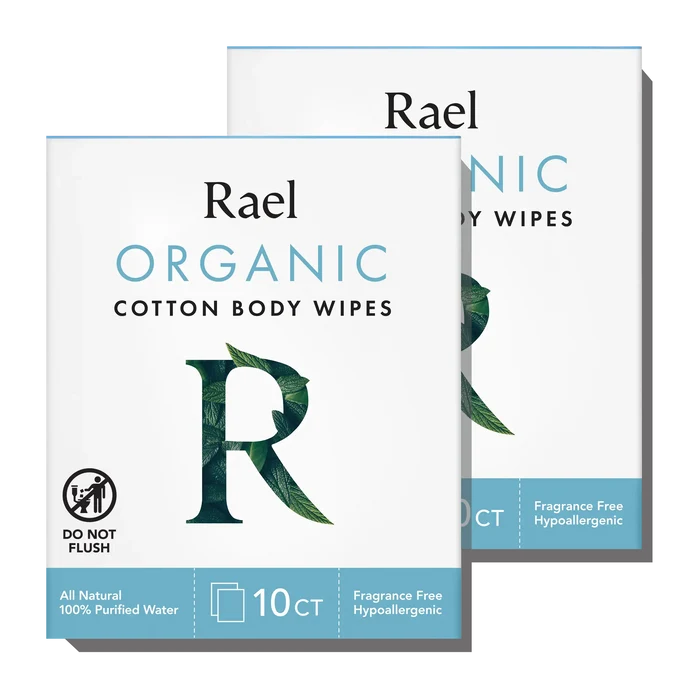 Two packages of Rael Organic Cotton Body Wipes, with labeling of fragrance-free and made from organic cotton.