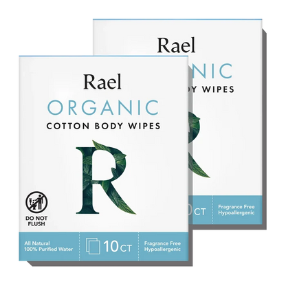 Two packages of Rael Organic Cotton Body Wipes, with labeling of fragrance-free and made from organic cotton.