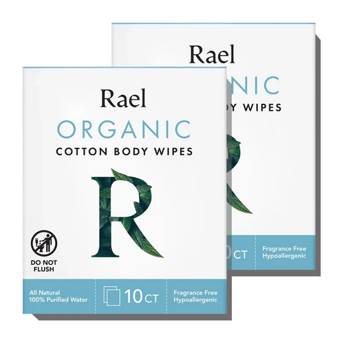 Two packages of Rael Organic Cotton Body Wipes, with labeling of fragrance-free and made from organic cotton.