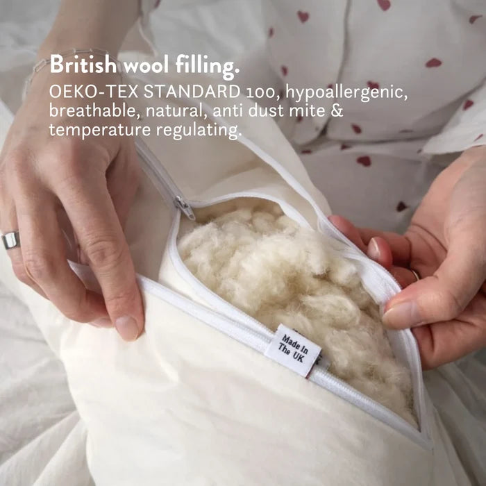 Organic cotton pregnancy pillow British wool OEKO-TEX STANDARD 100, hypoallergenic, breathable, natural, anti dust mite & temperature regulating.