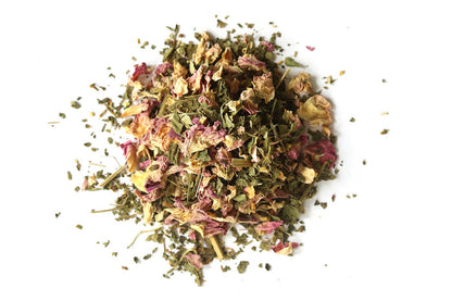 Loose-leaf Organic Dawn Chorus Tea with nettle, green rooibos, and rose petals in a glass jar – caffeine-free herbal blend , Raven’s Cauldron, 6 N Sandusky St, Delaware, OH 43015