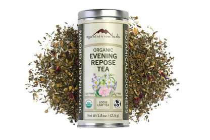 Mountain Rose Herbs Organic Evening Repose Tea can with loose tea leaves on a white background, Raven's Cauldron, 6 N Sandusky St, Delaware, OH 43015