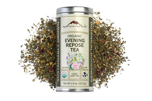 Mountain Rose Herbs Organic Evening Repose Tea can with loose tea leaves on a white background, Raven's Cauldron, 6 N Sandusky St, Delaware, OH 43015