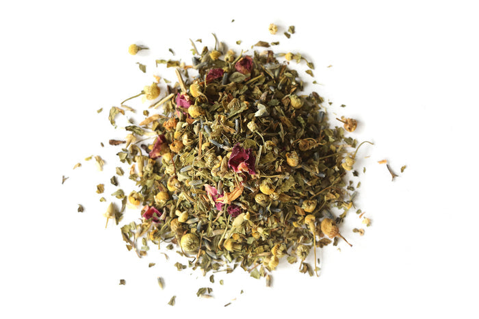 Heap of dried herbs and flowers on a white background, Evening Repose Herbal Tea, Raven's Cauldron, 6 N Sandusky St, Delaware, OH 43015