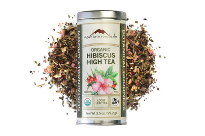 Mountain Rose Herbs Organic Hibiscus High Tea canister with loose tea leaves on a white background, Raven's Cauldron, 6 N Sandusky St, Delaware, OH 43015