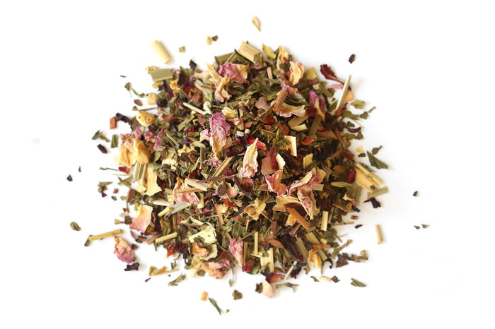 Heap of dried herbs and flowers on a white background, Hibiscus High Tea, Raven's Cauldron, 6 N Sandusky St, Delaware, OH 43015