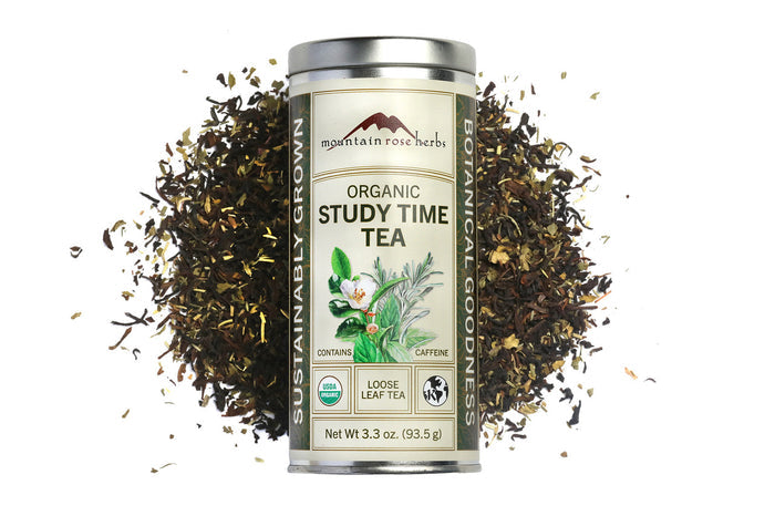 Tea canister labeled 'Study Time Tea' with loose tea leaves on a white  background, Raven's Cauldron, 6 N. Sandusky St, Delaware, OH 43015