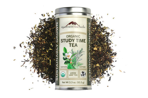 Tea canister labeled 'Study Time Tea' with loose tea leaves on a white  background, Raven's Cauldron, 6 N. Sandusky St, Delaware, OH 43015