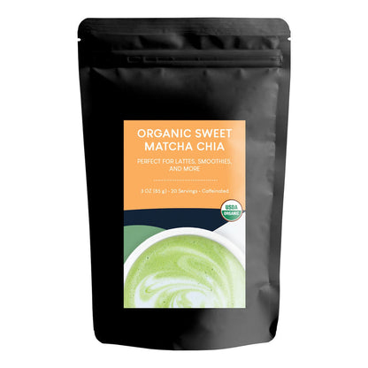 A 3 oz bag of Organic Sweet Matcha Chia by Full Leaf Tea Co